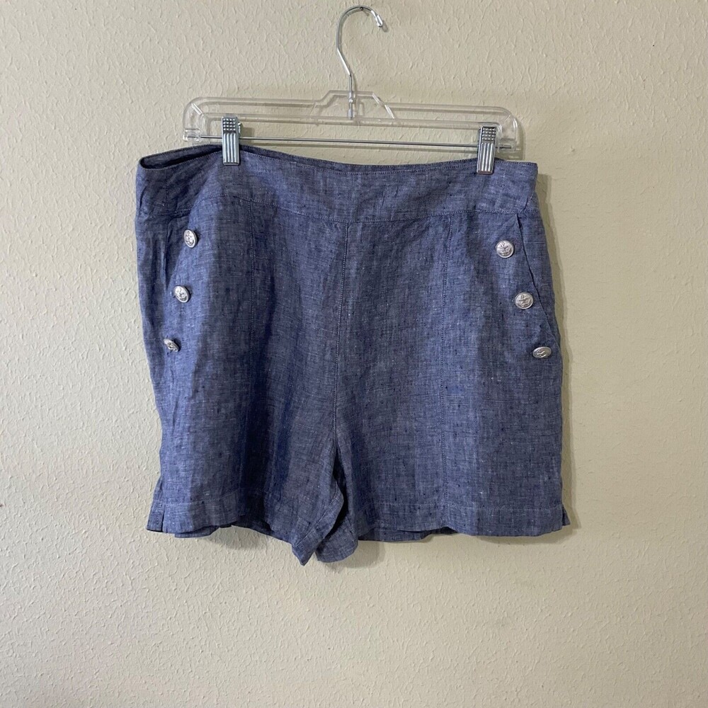 British Khaki Linen Nautical Shorts High Rise Denim Button Accents Size 14 zip